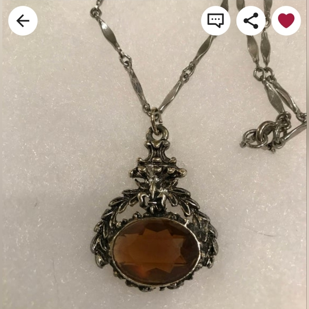 Vintage Gothic Like Necklace with Amber "Stone", Silver Toned Chain